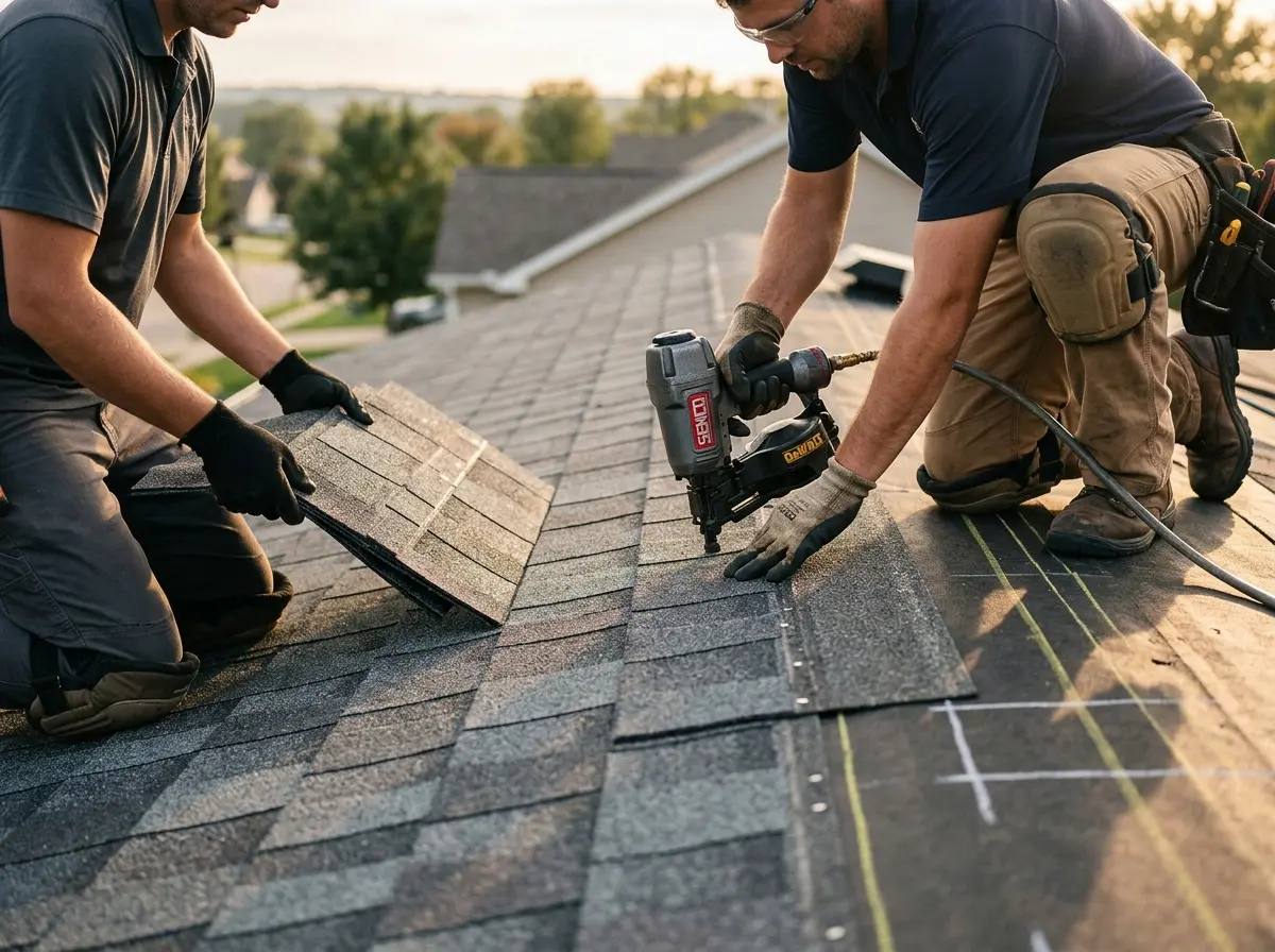 Professional roofer working on a residential roof in Florissant